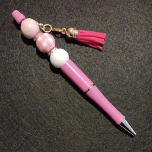 Handcrafted Pink and White Beaded Pen with Tassel